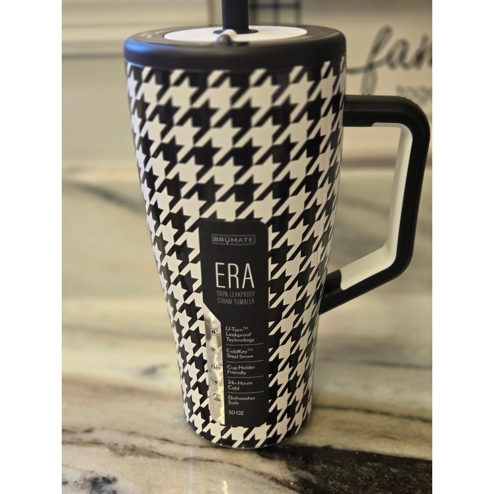 Brumate Era 30oz Leakproof Straw Tumbler Black White Houndstooth Limited NIB